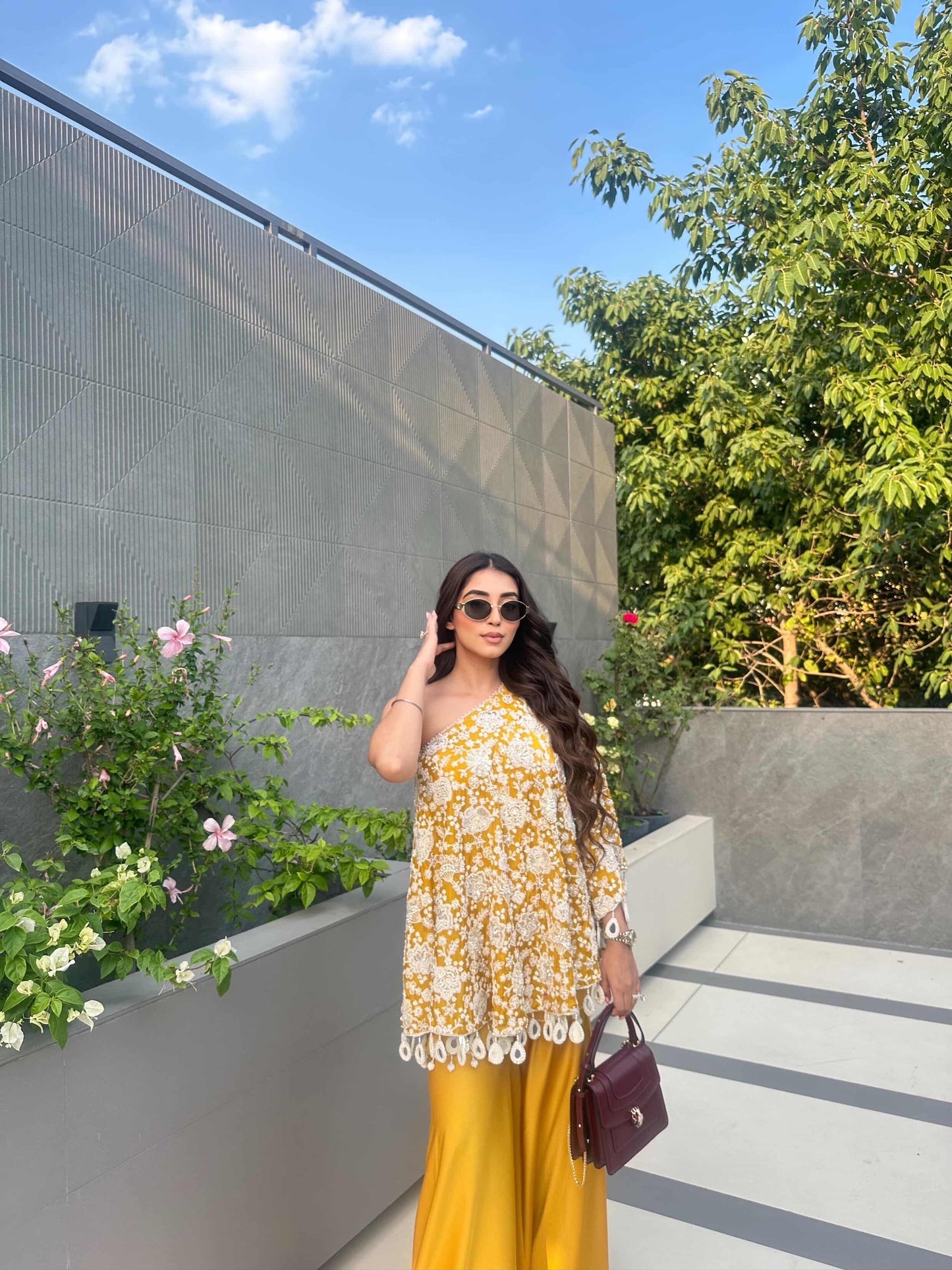 AASHNA VOHRA IN YELLOW PEARL WORK OFF SHOULDER CAPE SET