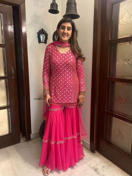 PINK ZARI & SEQUIN SHARARA SET