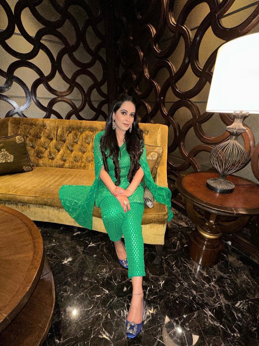 SHRADHA AJMANI IN GREEN MIRROR WORK COORD SET