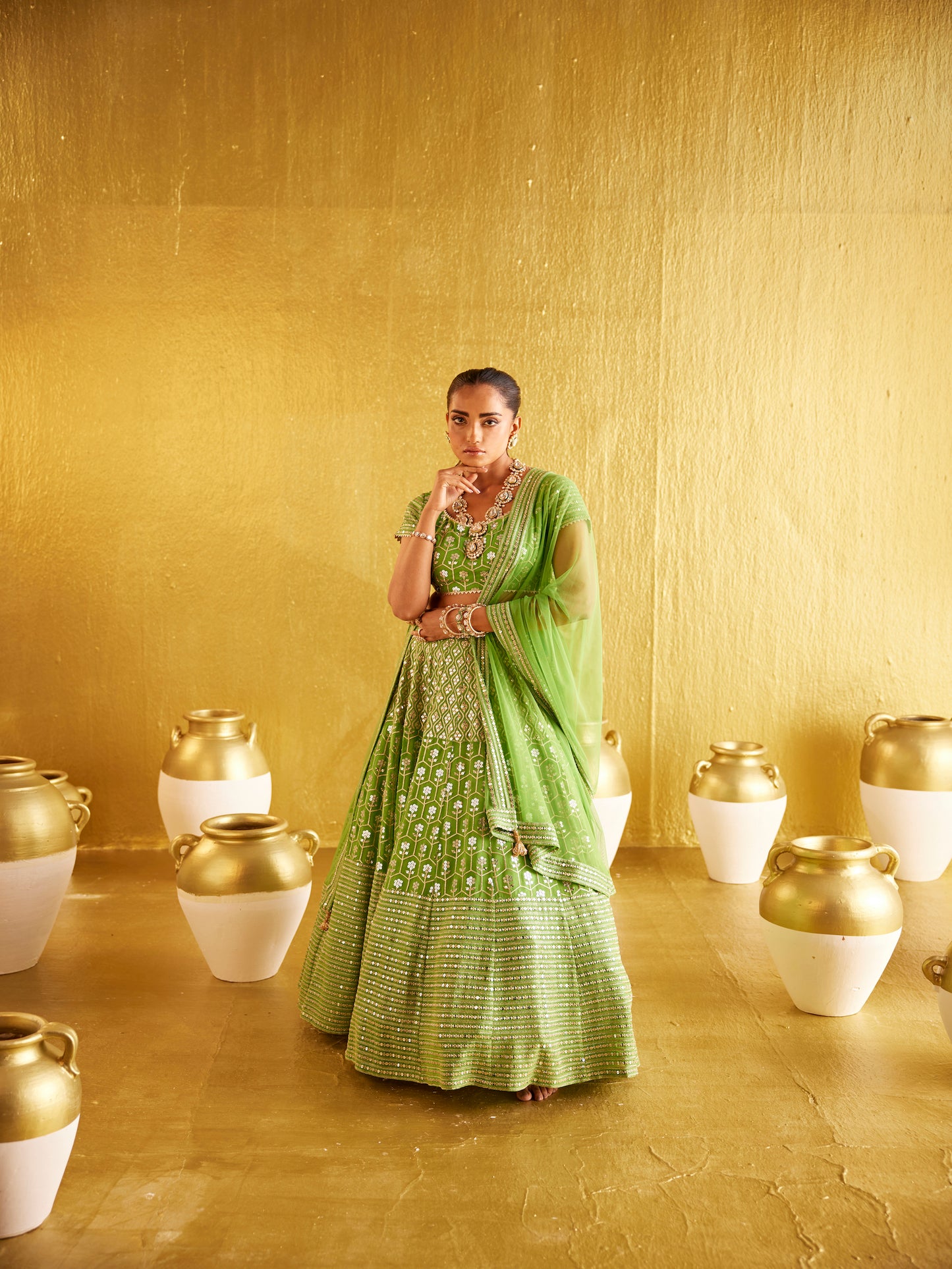 PARROT GREEN ZARI & SEQUIN LEHENGA SET