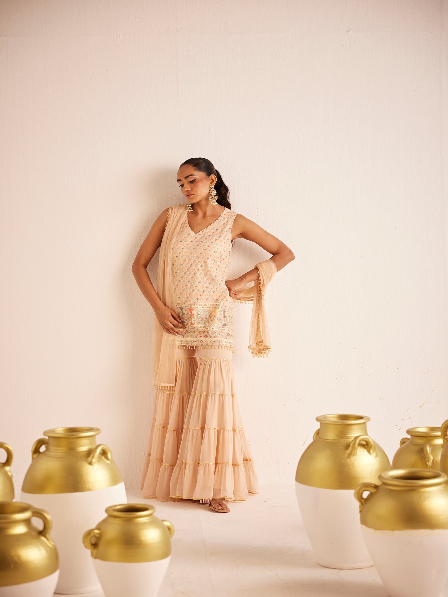 PEACH MULTI COLOR THREADWORK SHARARA SET