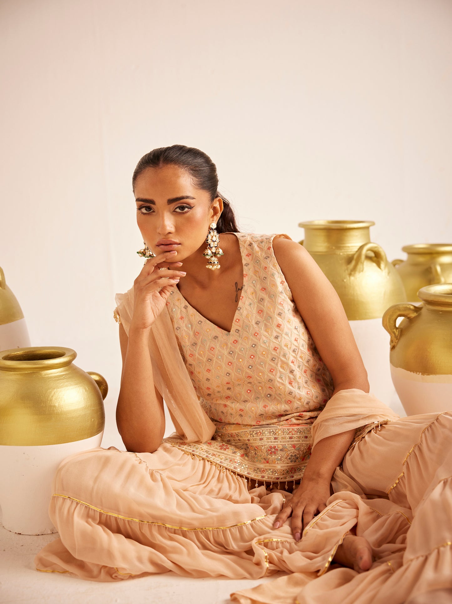 PEACH MULTI COLOR THREADWORK SHARARA SET