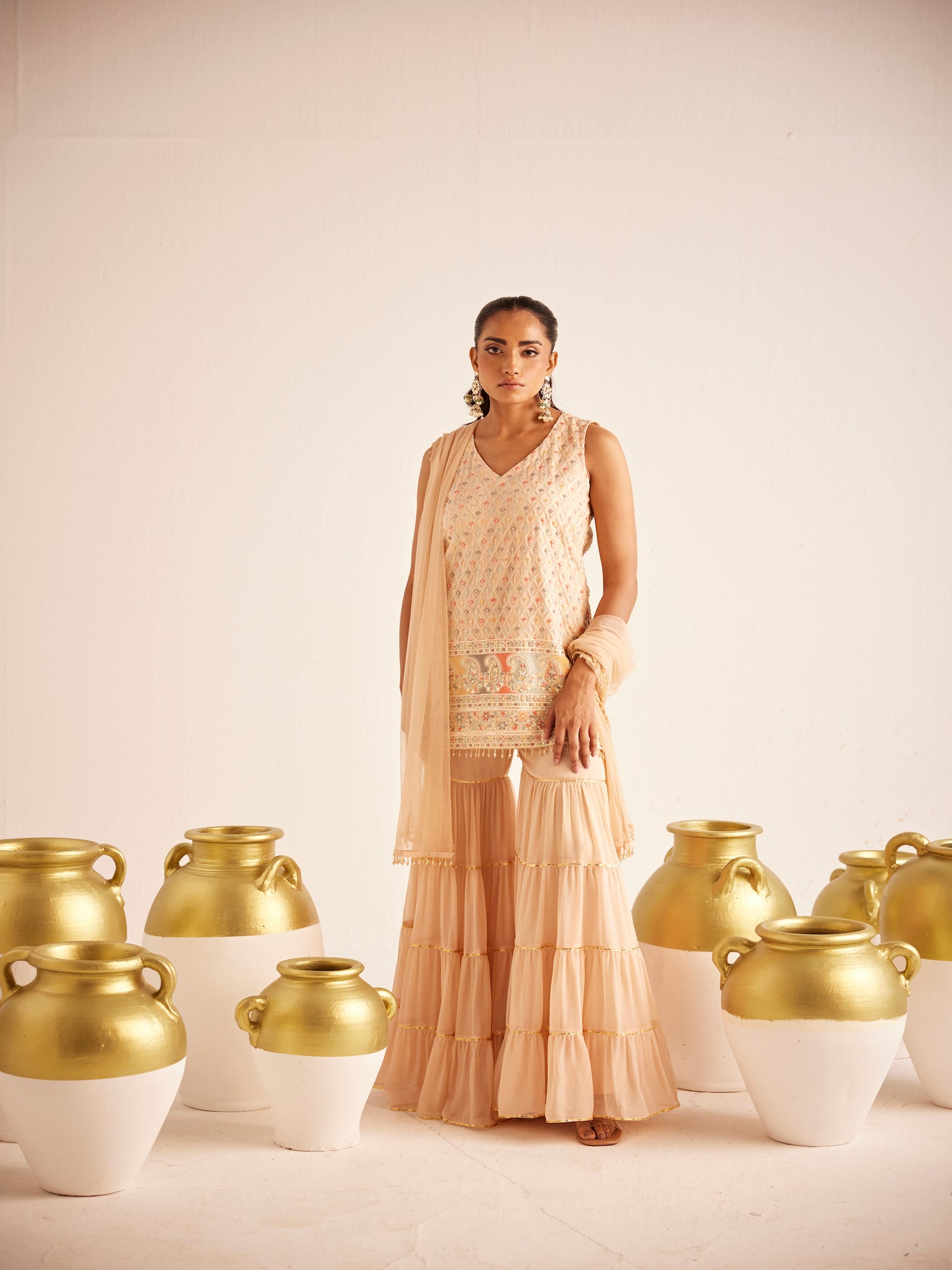 PEACH MULTI COLOR THREADWORK SHARARA SET