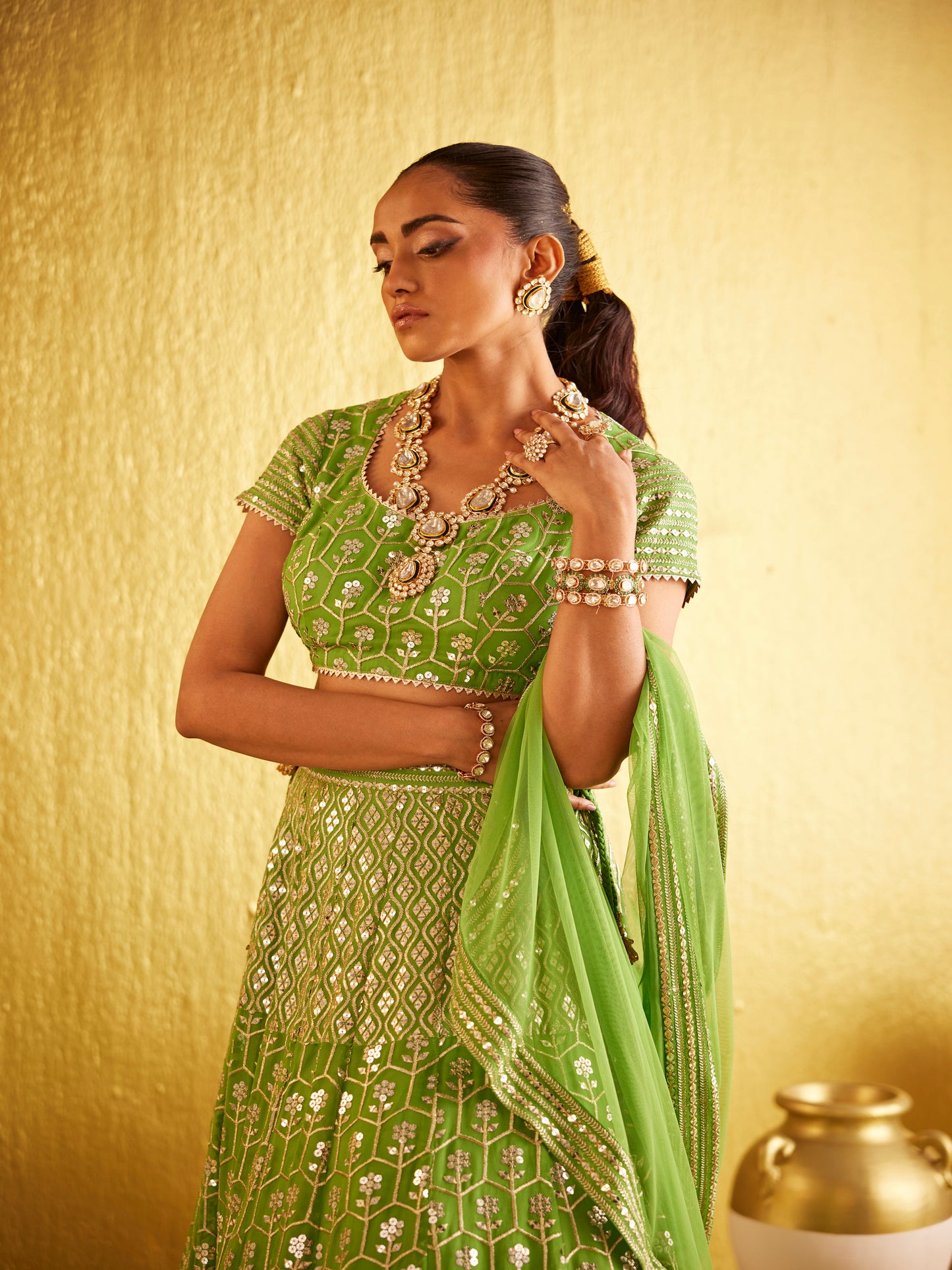 PARROT GREEN ZARI & SEQUIN LEHENGA SET