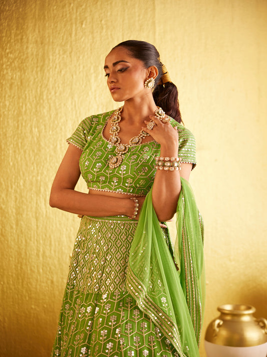 PARROT GREEN ZARI & SEQUIN LEHENGA SET