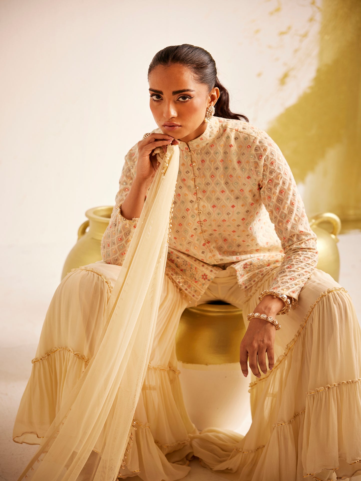 BEIGE MULTI COLOR THREADWORK SHARARA SET