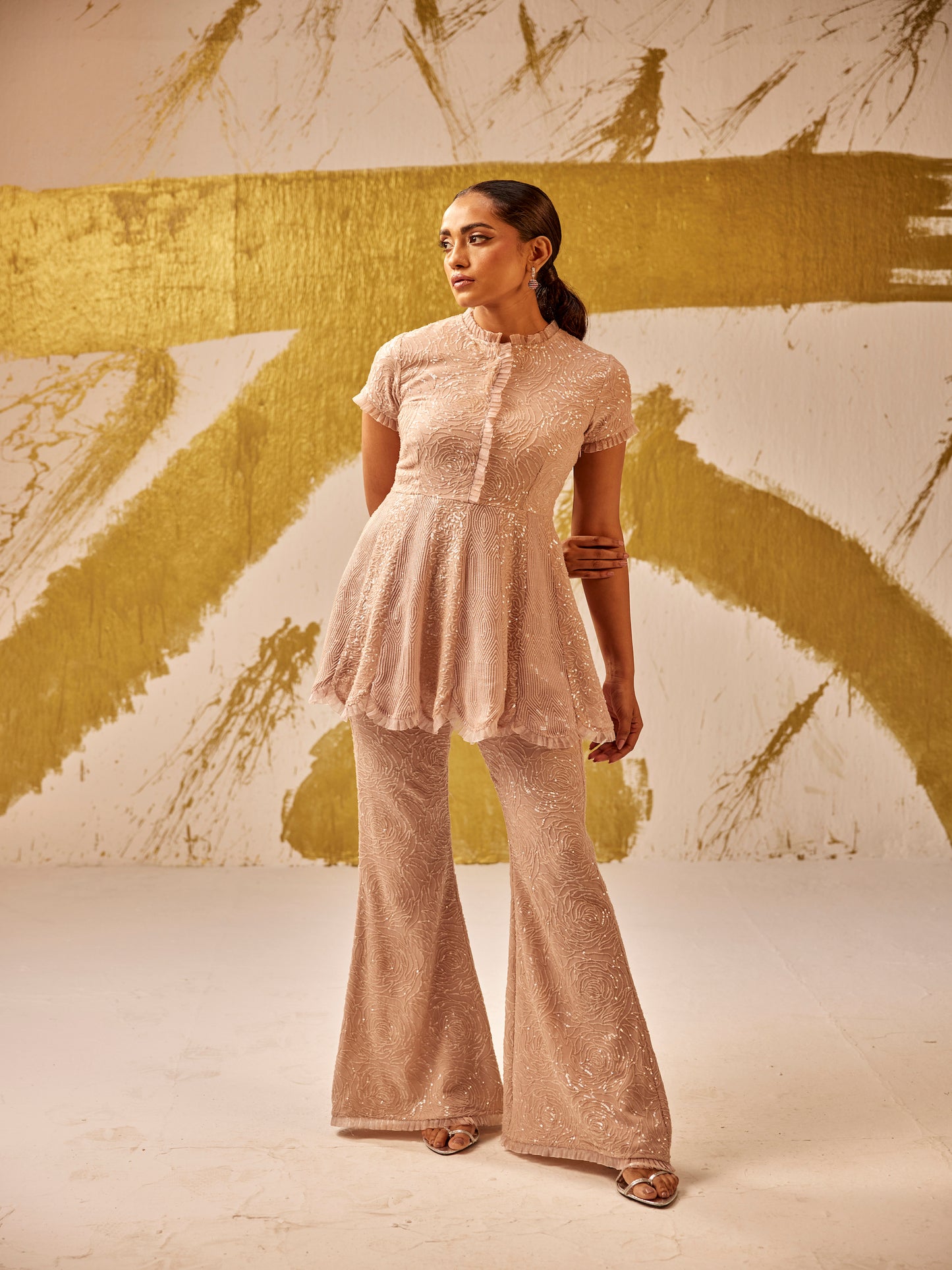 BEIGE SEQUIN WORK PEPLUM SET