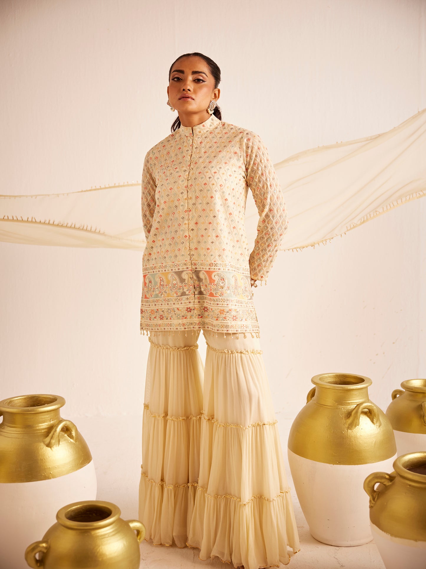 BEIGE MULTI COLOR THREADWORK SHARARA SET