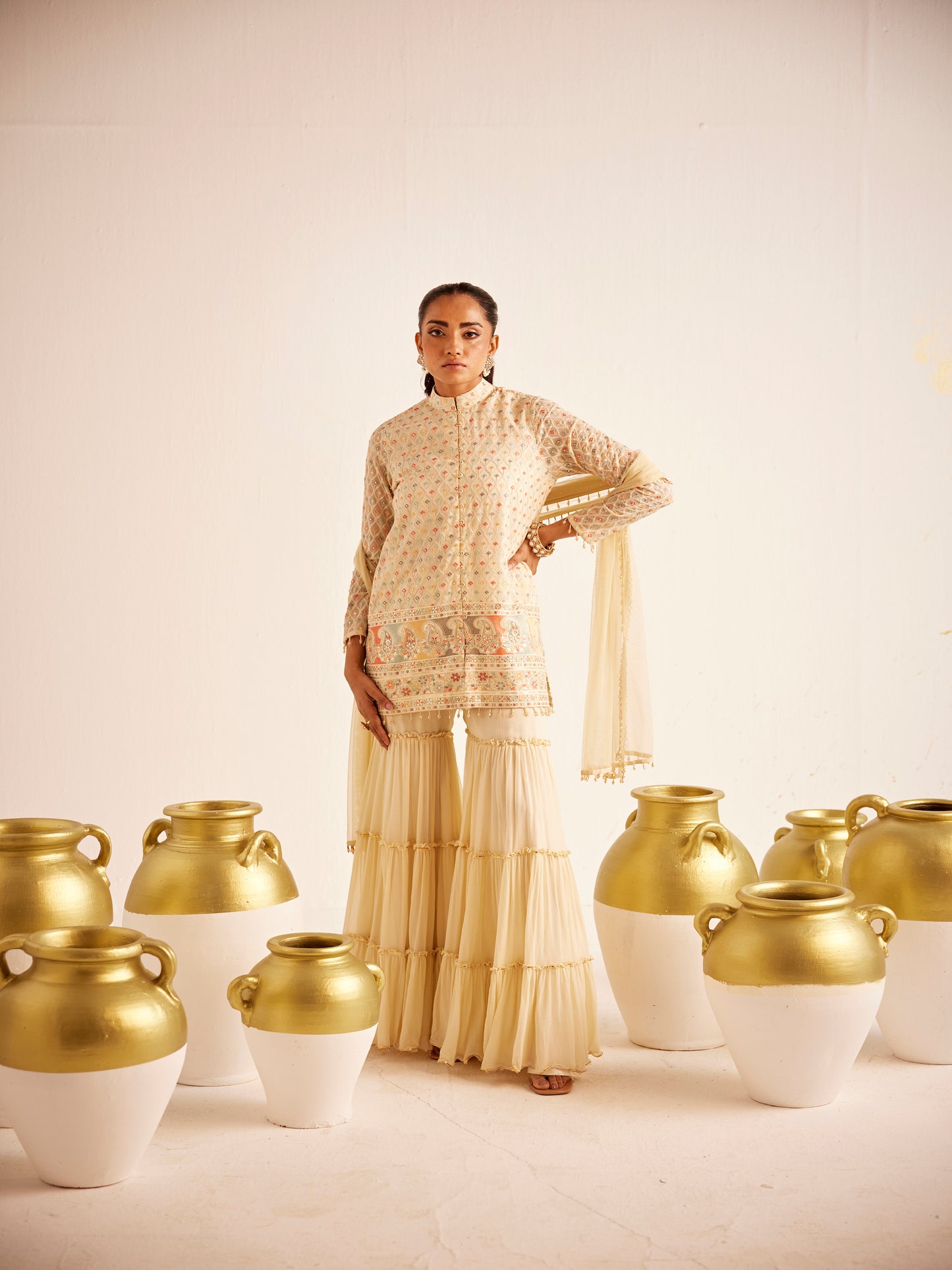 BEIGE MULTI COLOR THREADWORK SHARARA SET