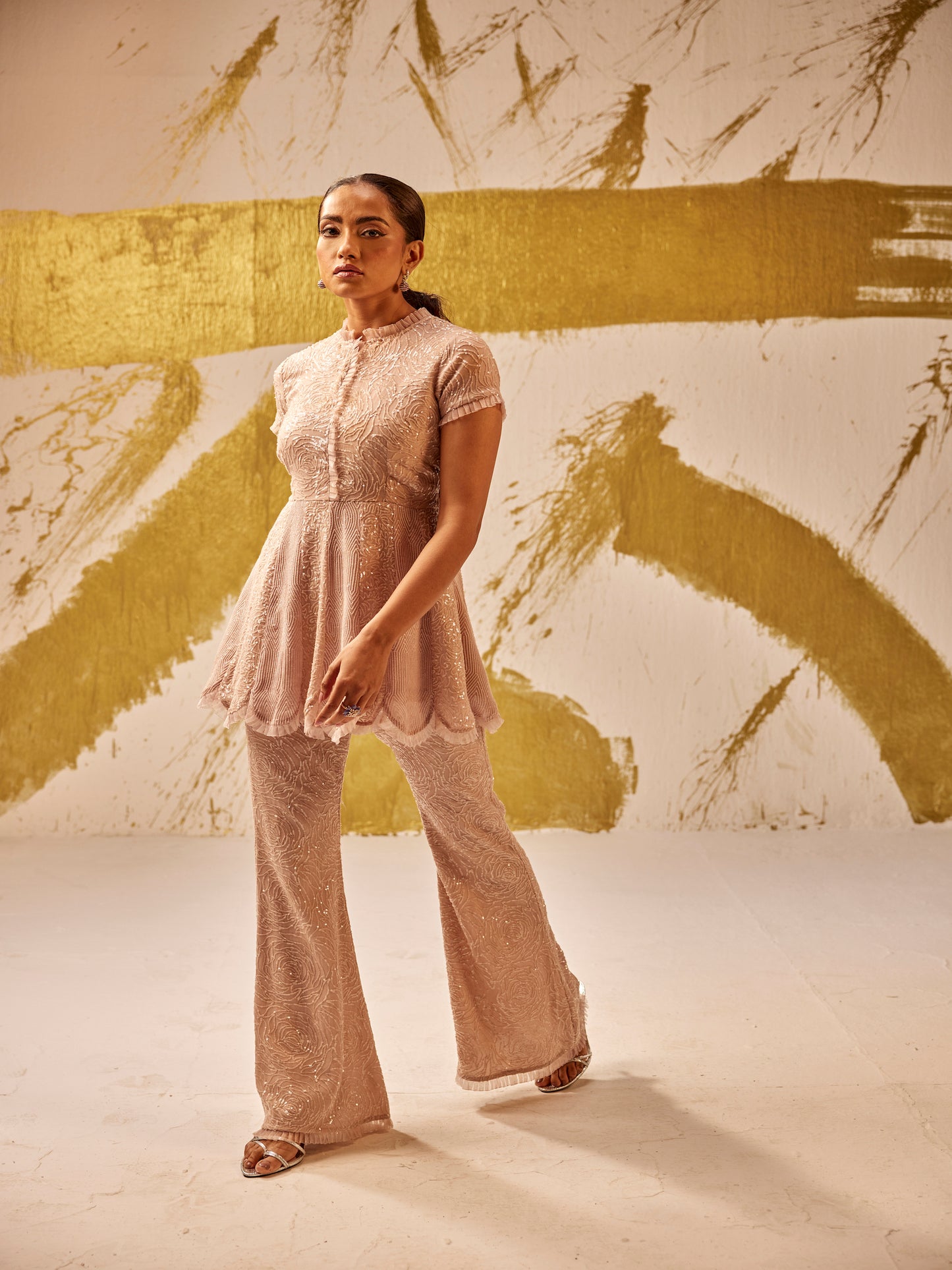 BEIGE SEQUIN WORK PEPLUM SET