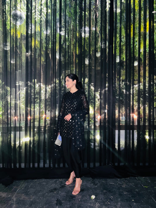 BLACK MIRROR WORK DHOTI SET