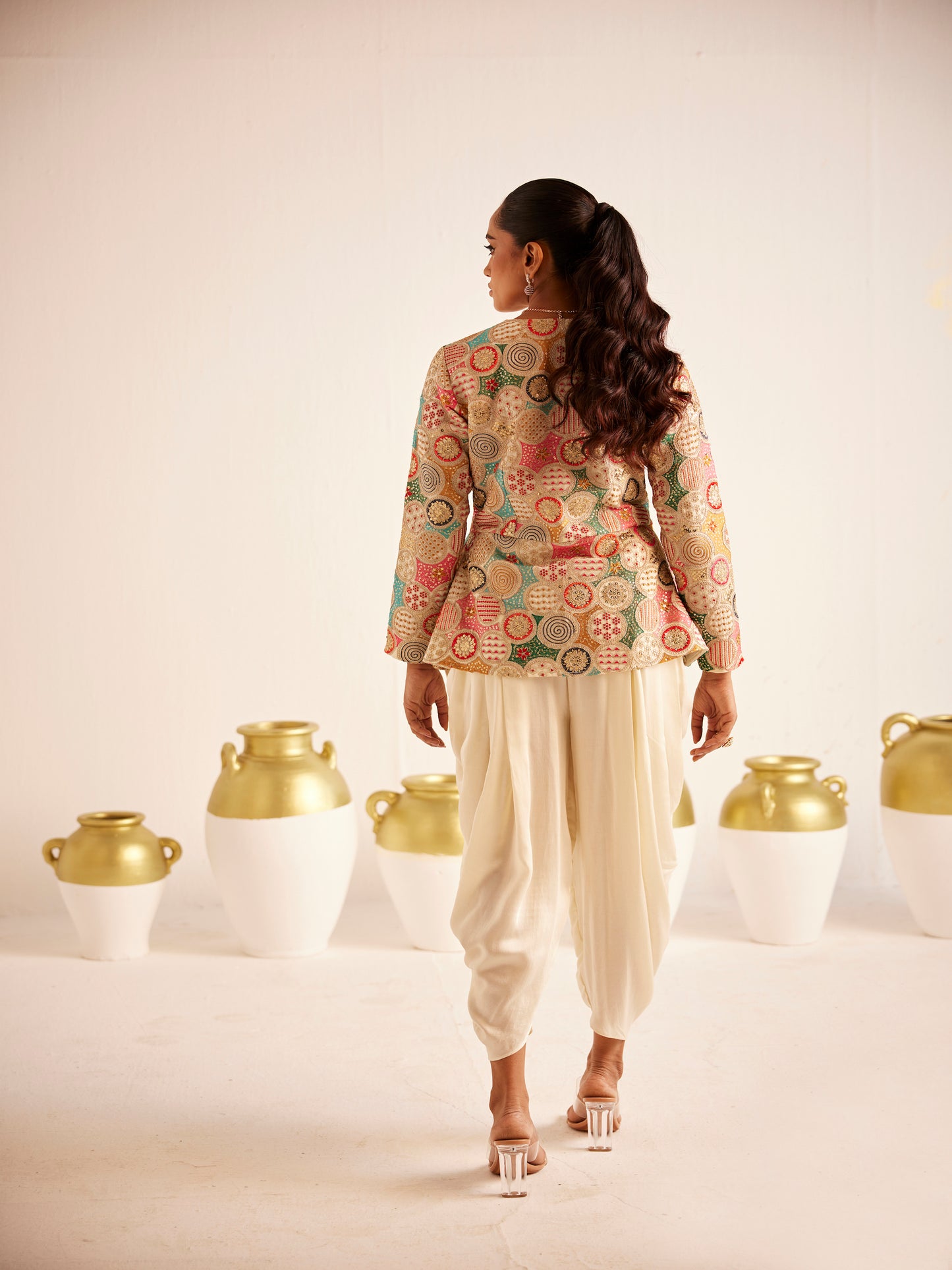 IVORY MULTI COLOR EMBROIDERED DHOTI SET