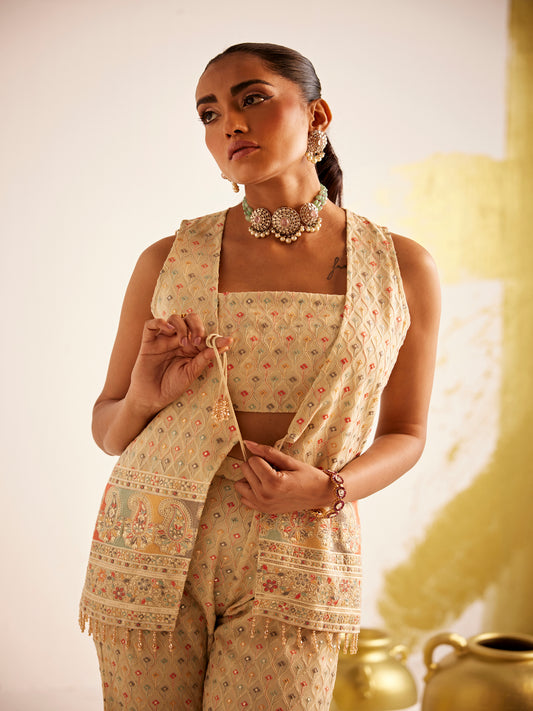 BEIGE MULTI COLOR THREADWORK JACKET COORD SET