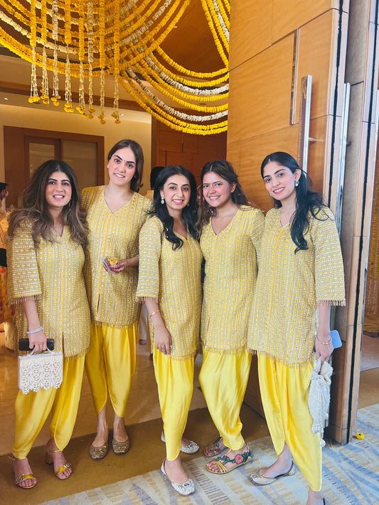 BRIDESMAIDS IN YELLOW GOTA WORK DHOTI SET
