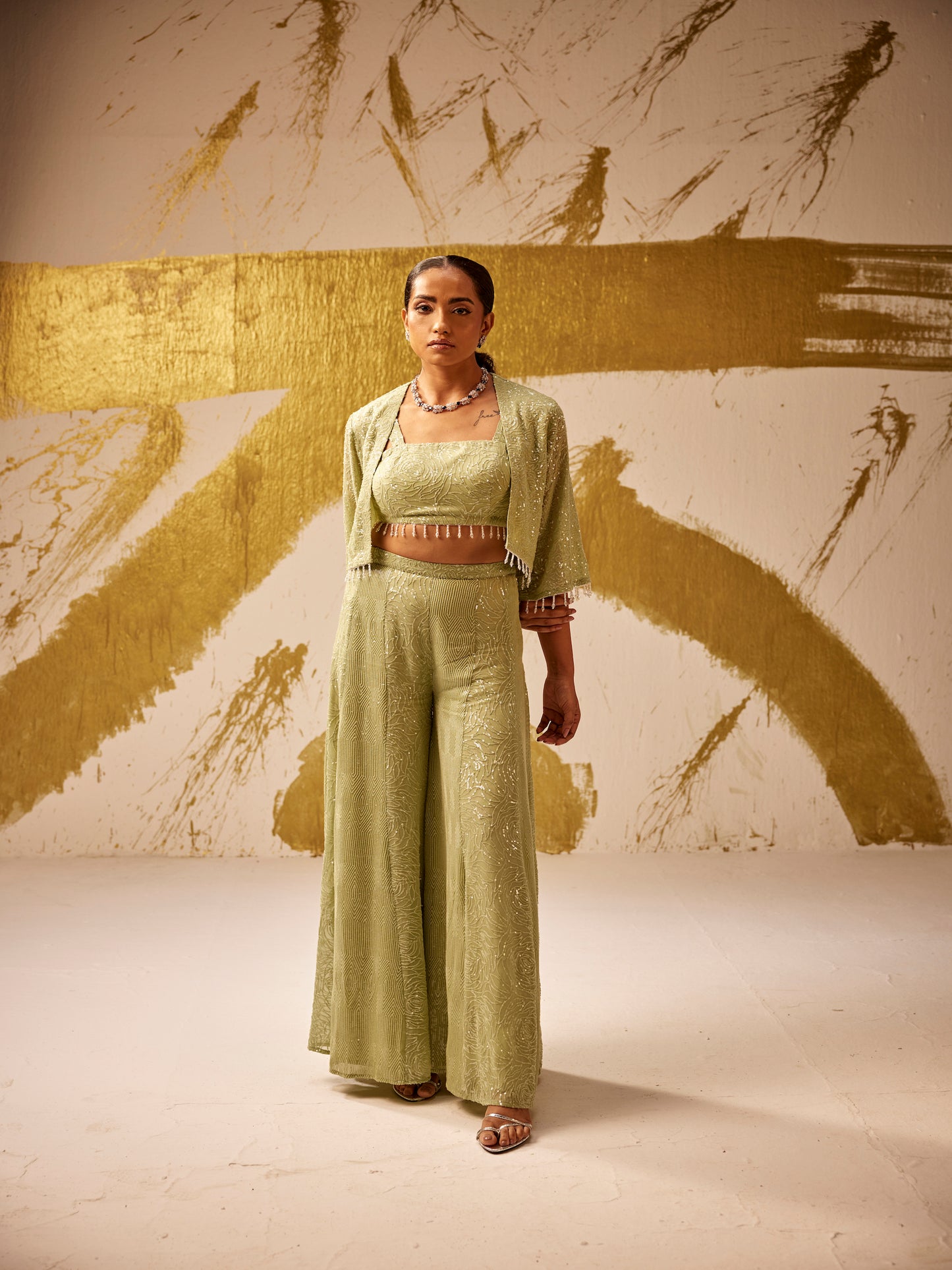 GREEN SEQUIN WORK 3 PIECE SET