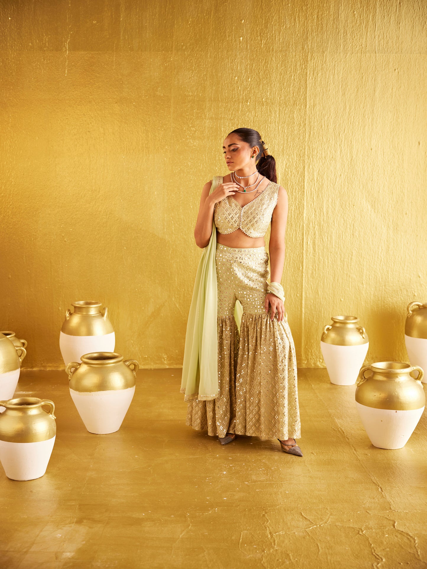 GREEN ZARI & SEQUIN GARARA SET