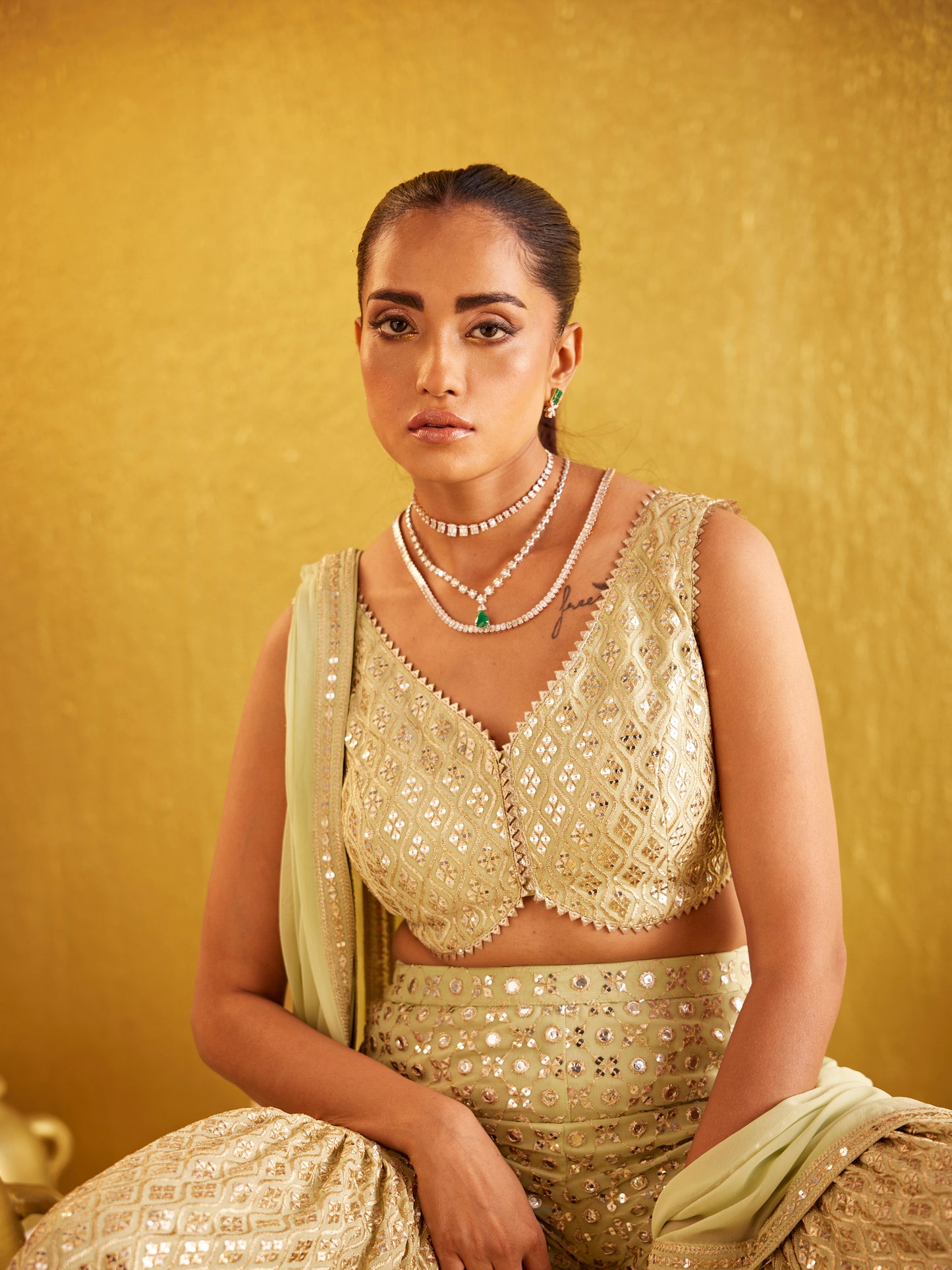 GREEN ZARI & SEQUIN GARARA SET