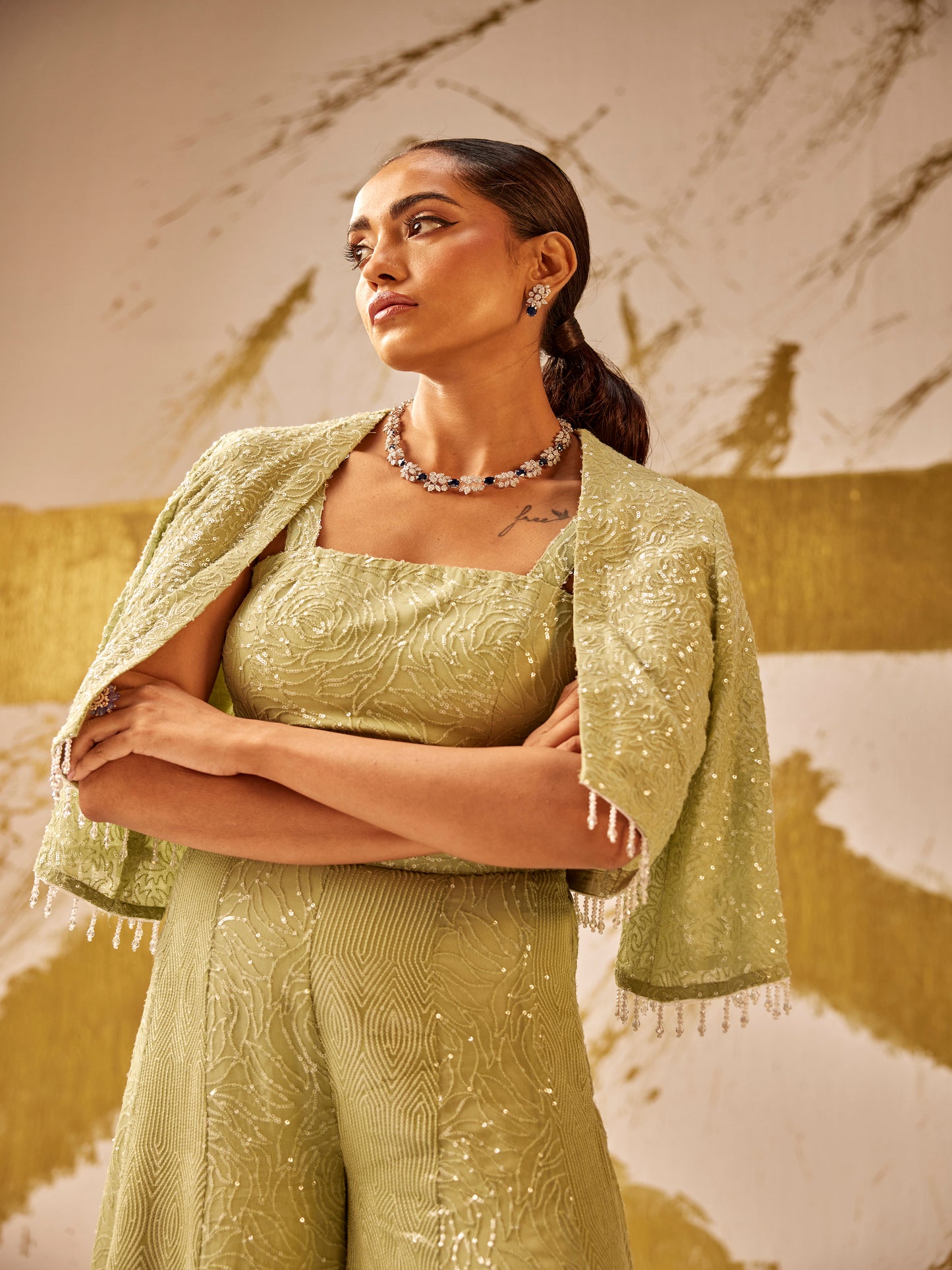 GREEN SEQUIN WORK 3 PIECE SET
