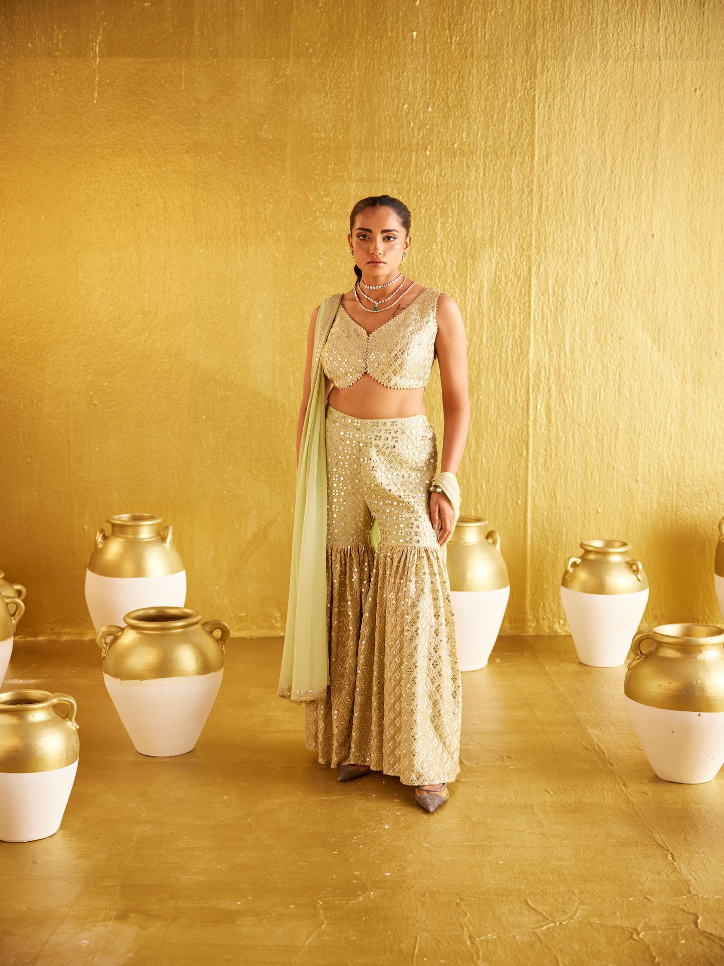 GREEN ZARI & SEQUIN GARARA SET