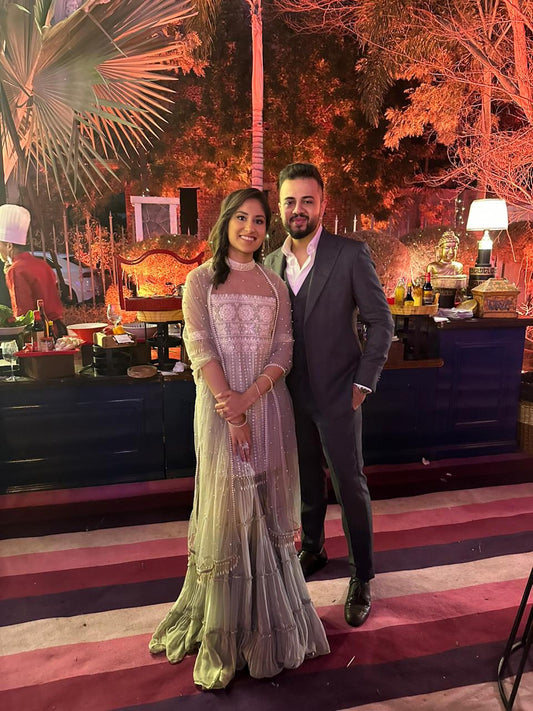 GREY CHIKANKARI FRILL SHARARA SET