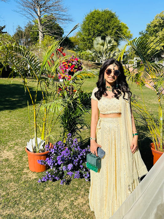 NIKITA KHURANA IN BEIGE MIRROR WORK LEHENGA SET