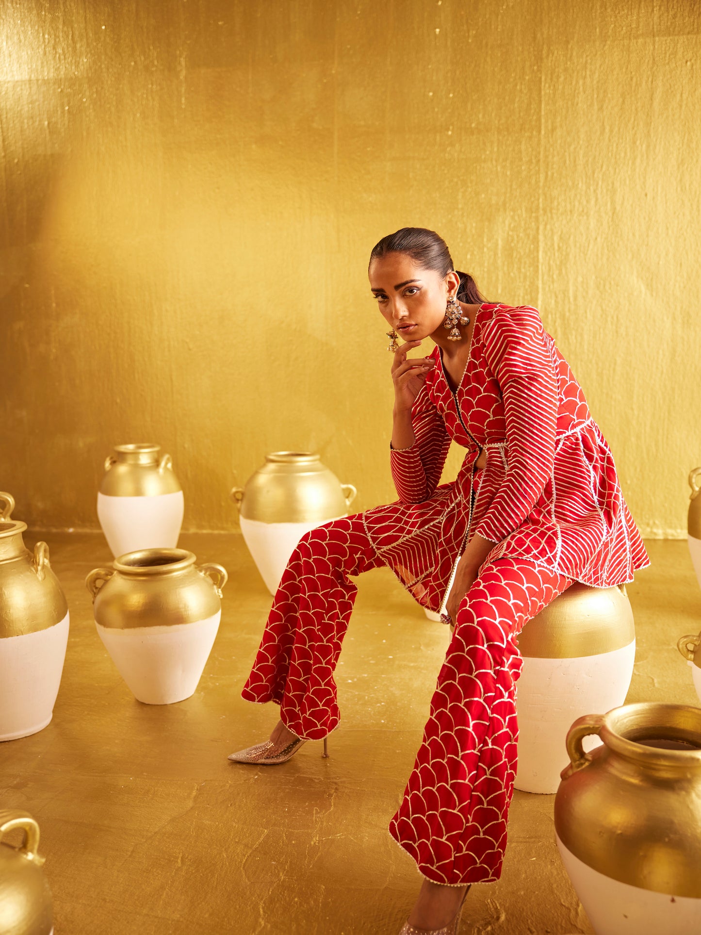 RED GOTA WORK PEPLUM SET