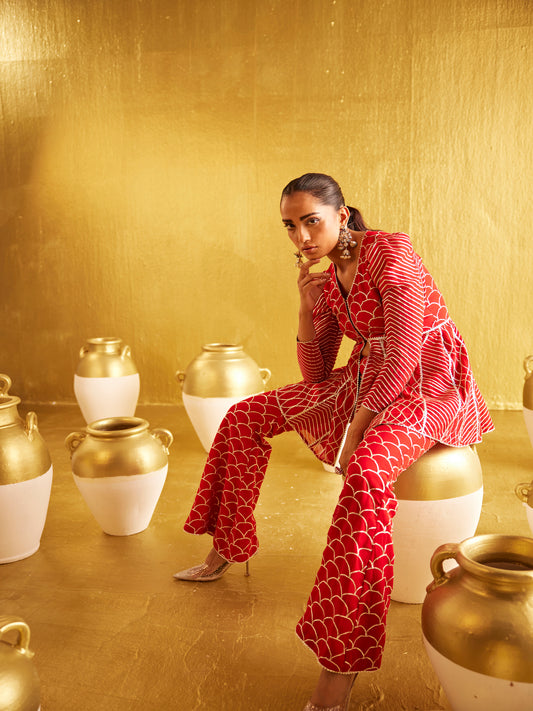 RED GOTA WORK PEPLUM SET