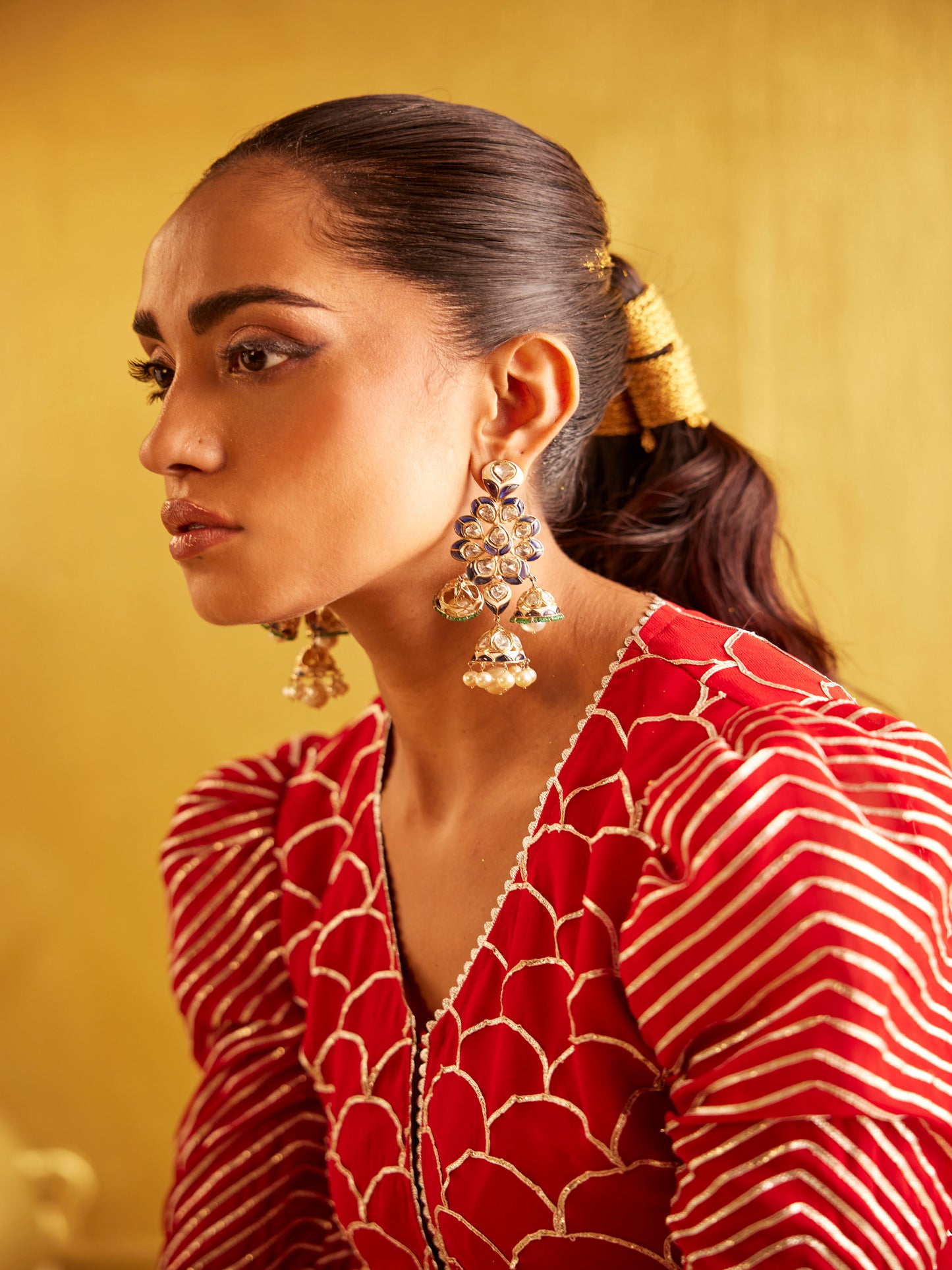 RED GOTA WORK PEPLUM SET