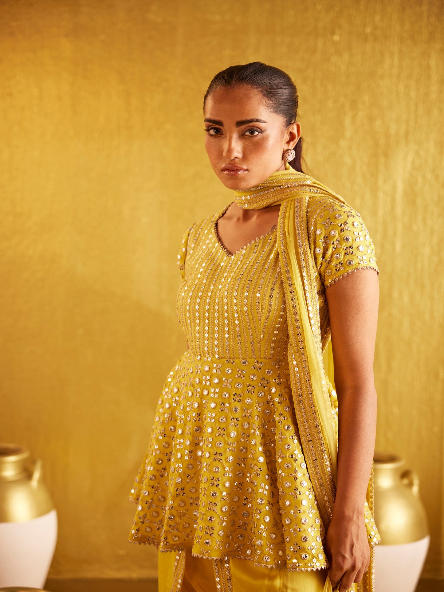 YELLOW ZARI & SEQUIN PEPLUM SET WITH DUPATTA