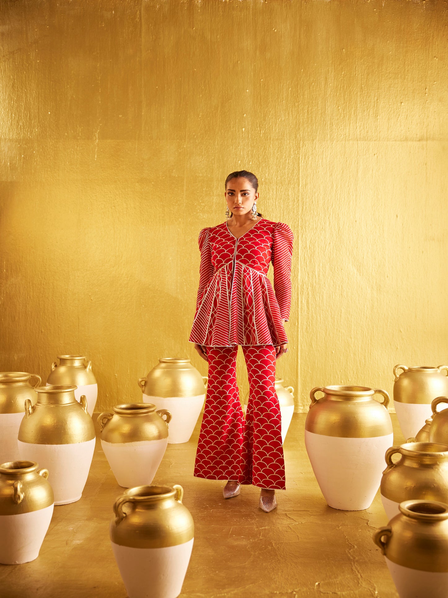 RED GOTA WORK PEPLUM SET