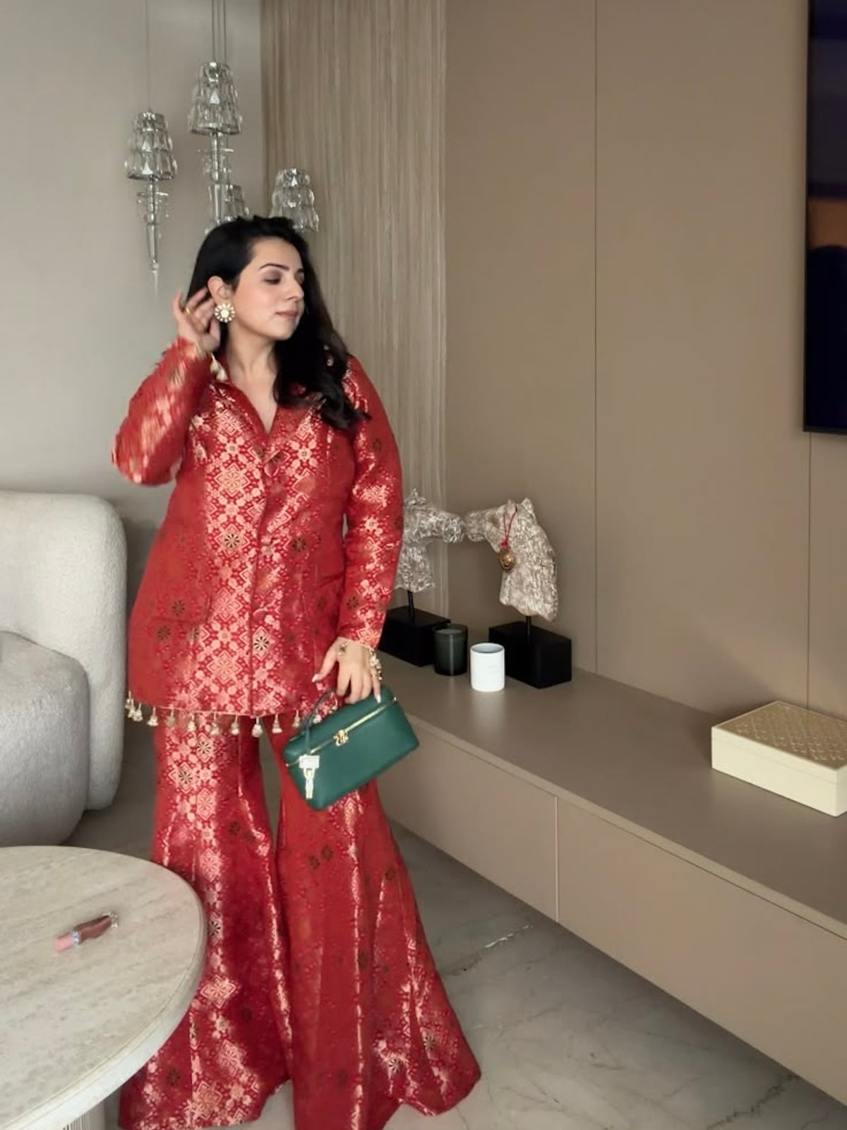 TANYA NARANG IN RED BROCADE BLAZER SET