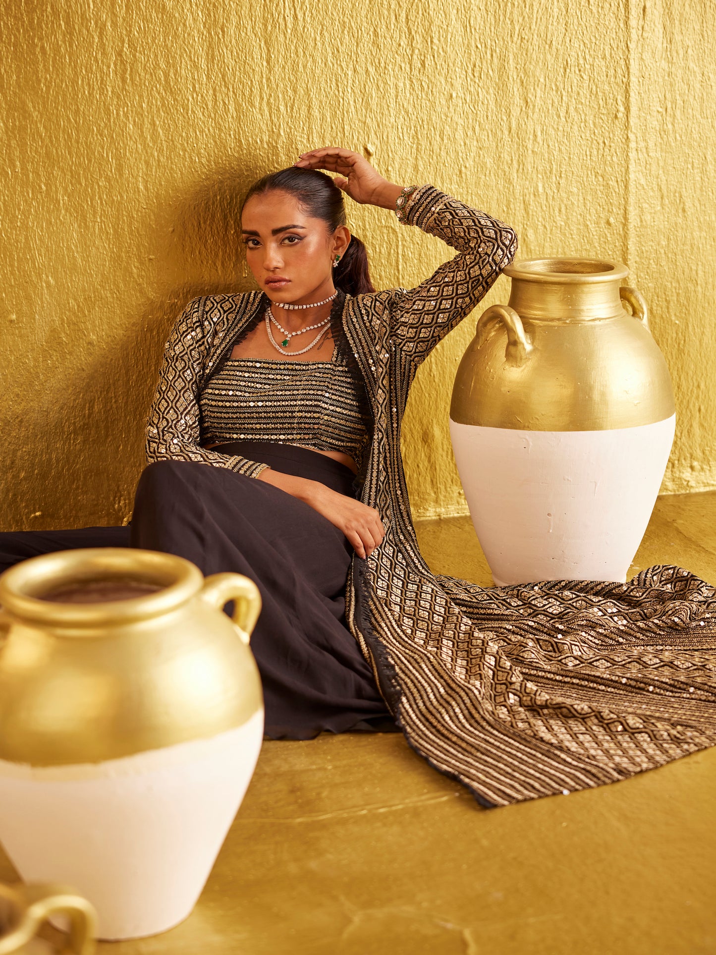 BLACK ZARI & SEQUIN JACKET SET