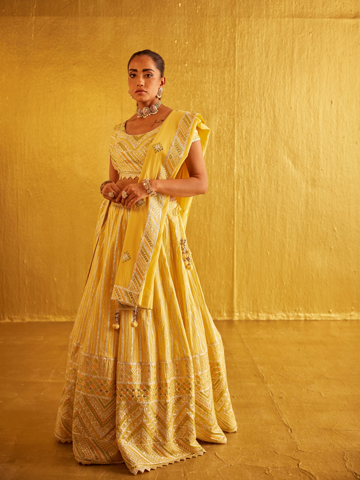 YELLOW GOTA WORK LEHENGA SET