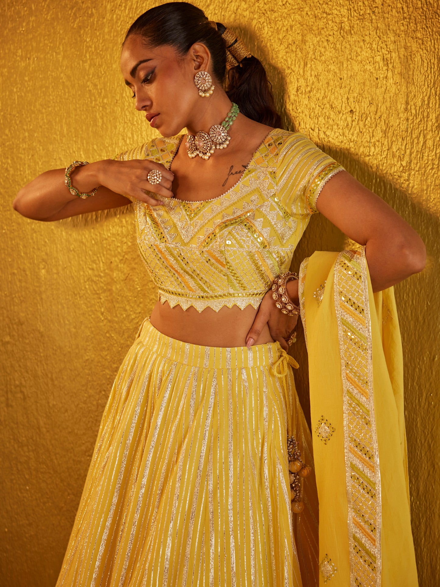 YELLOW GOTA WORK LEHENGA SET
