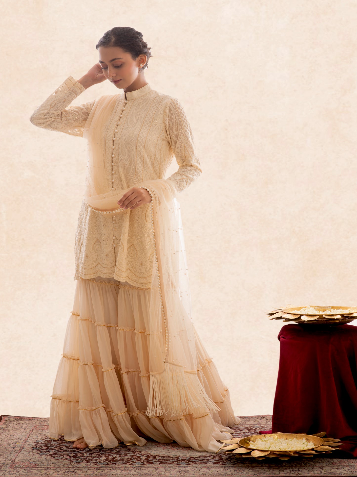 BEIGE CHIKANKARI FRILL SHARARA SET