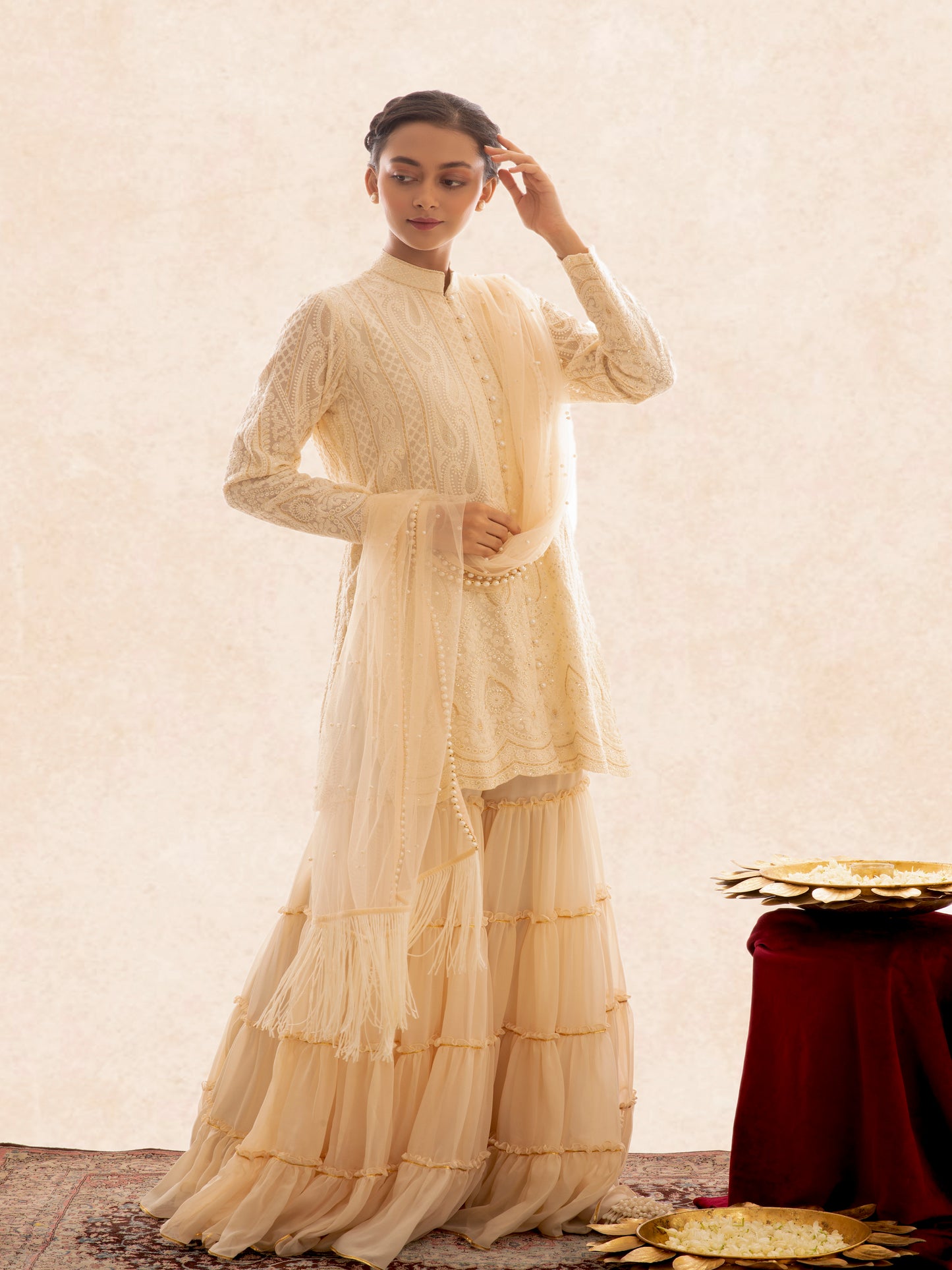 BEIGE CHIKANKARI FRILL SHARARA SET