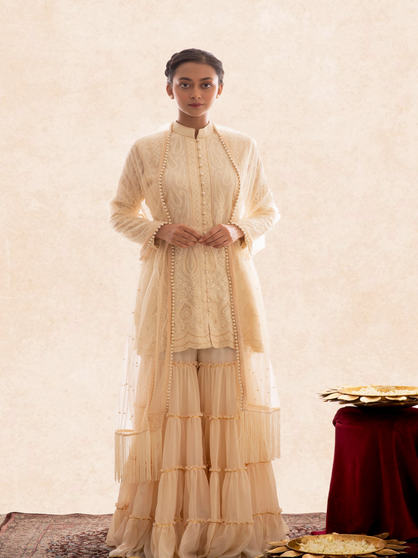 BEIGE CHIKANKARI FRILL SHARARA SET