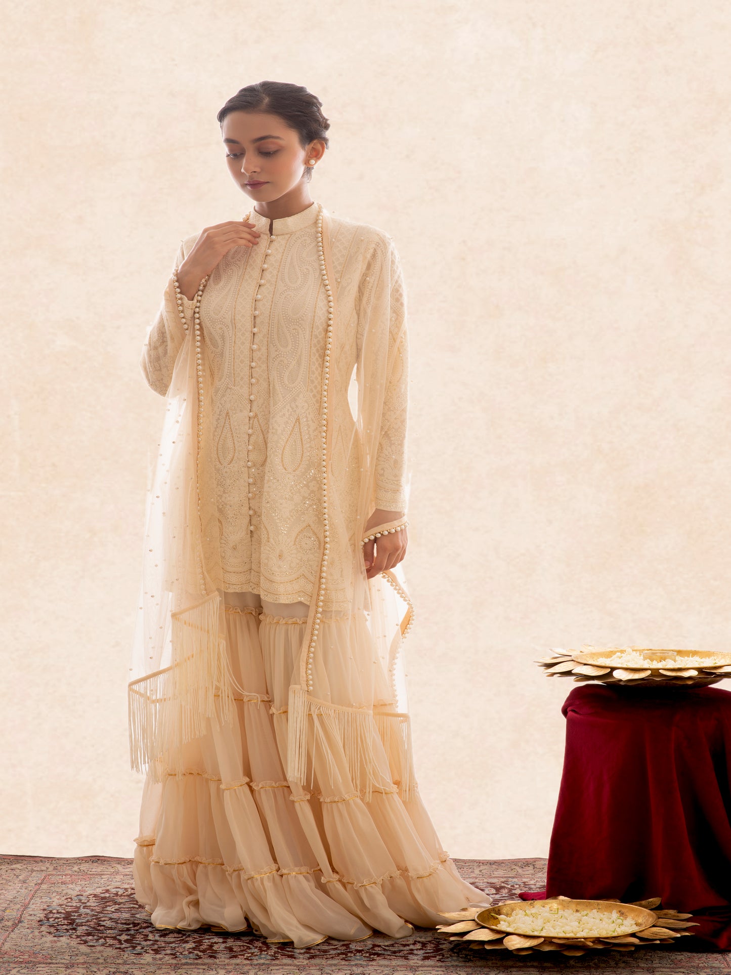 BEIGE CHIKANKARI FRILL SHARARA SET