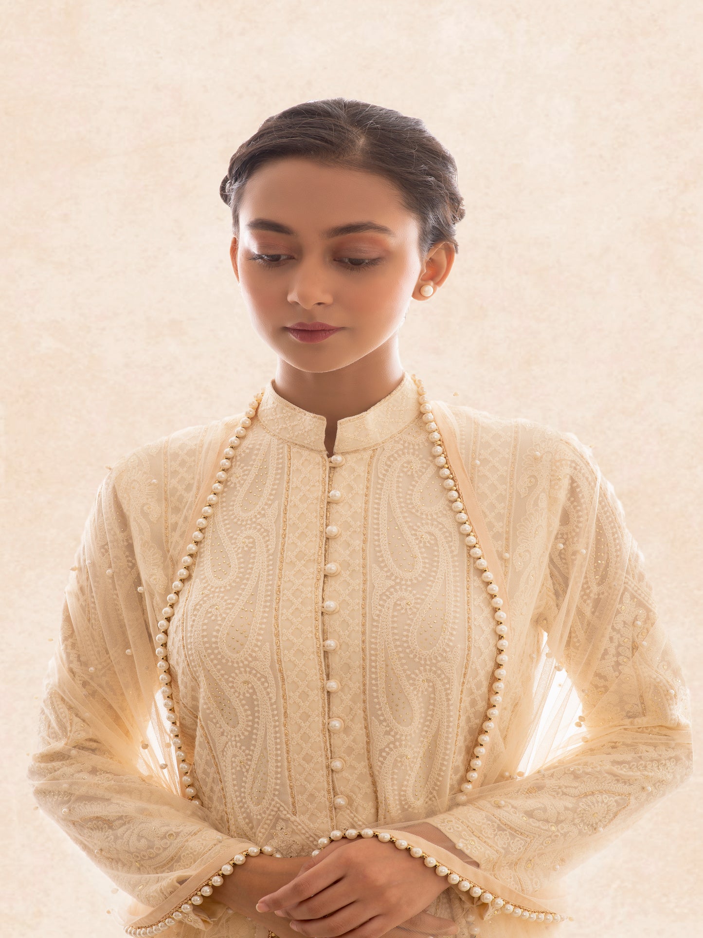 BEIGE CHIKANKARI FRILL SHARARA SET