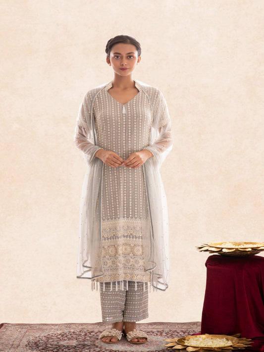 GREY CHIKANKARI SET