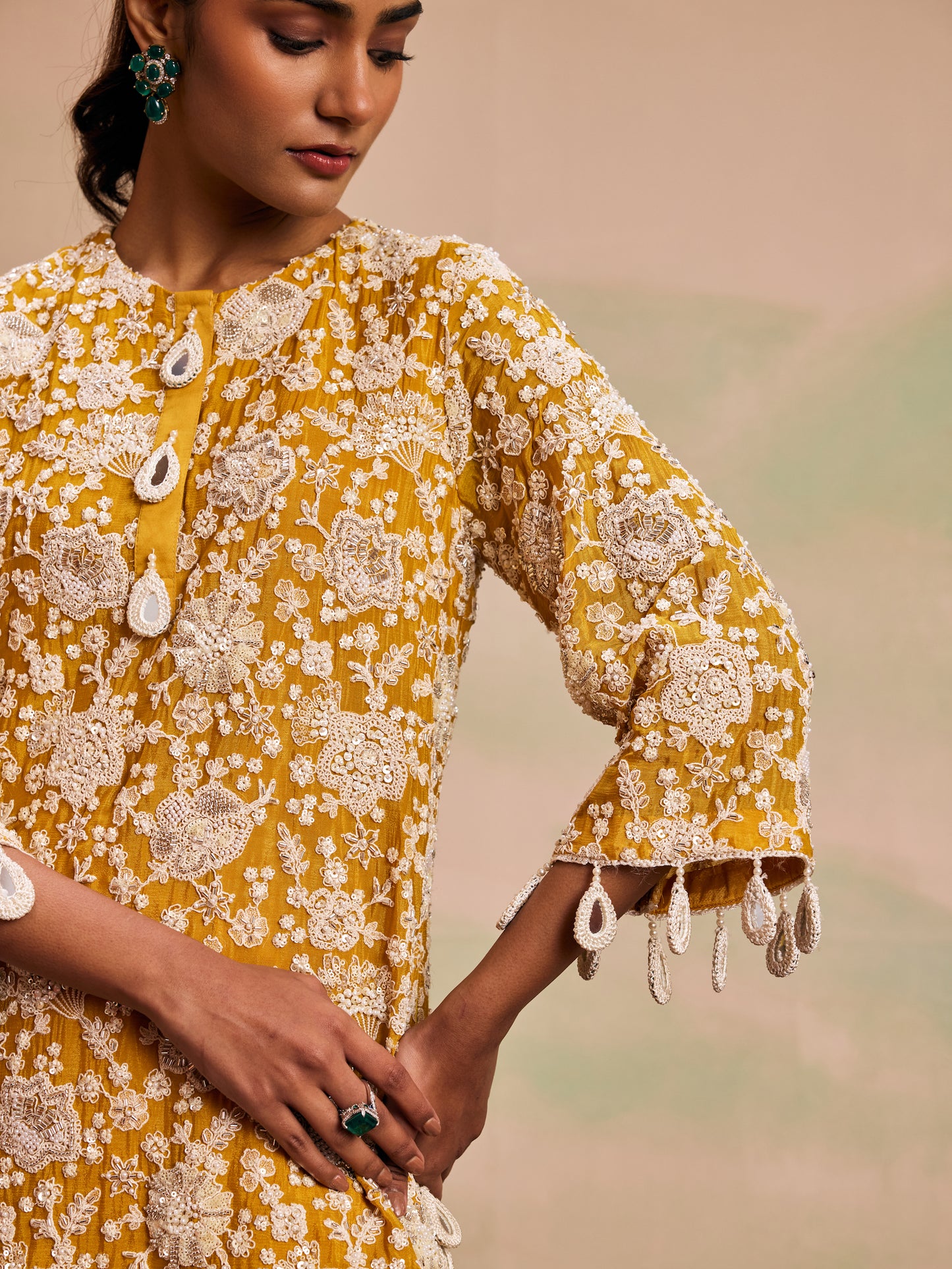 YELLOW PEARL WORK FARSHI SALWAR SET