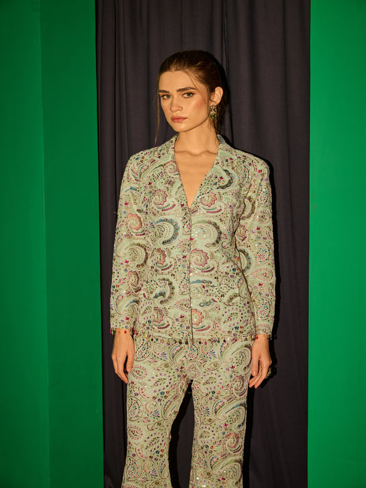 LIME GREEN MULTI COLOR EMBROIDERED BLAZER SET
