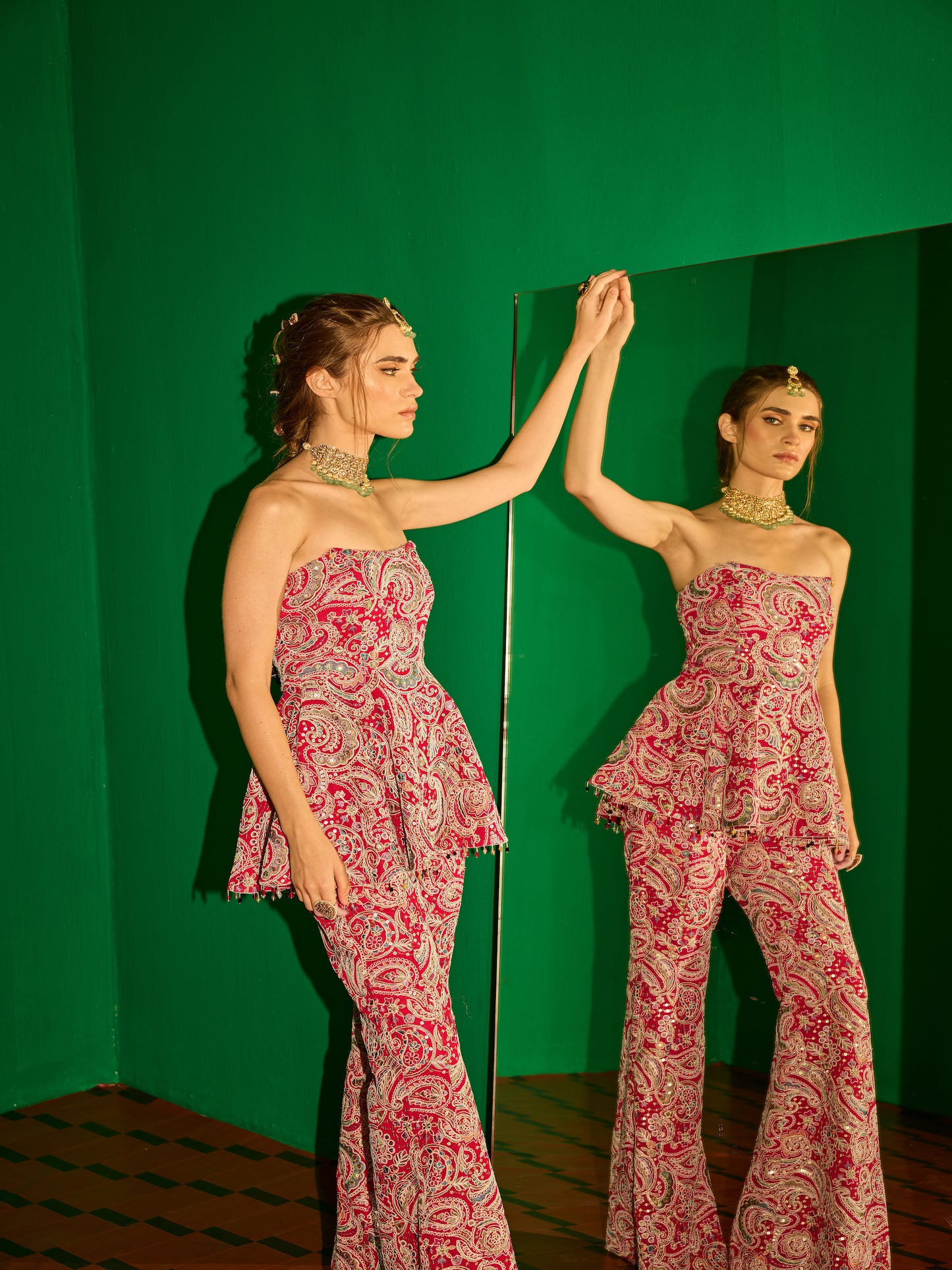 RED MULTI COLOR EMBROIDERED PEPLUM SET