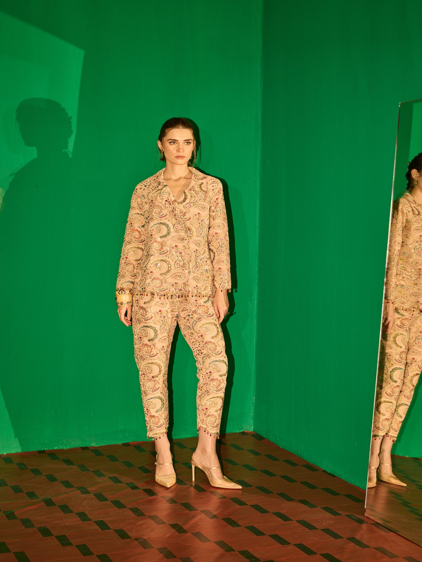 PEACH MULTI COLOR EMBROIDERED DOUBLE BREAST BLAZER SET