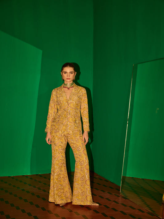 YELLOW MULTI COLOR EMBROIDERED BLAZER SET