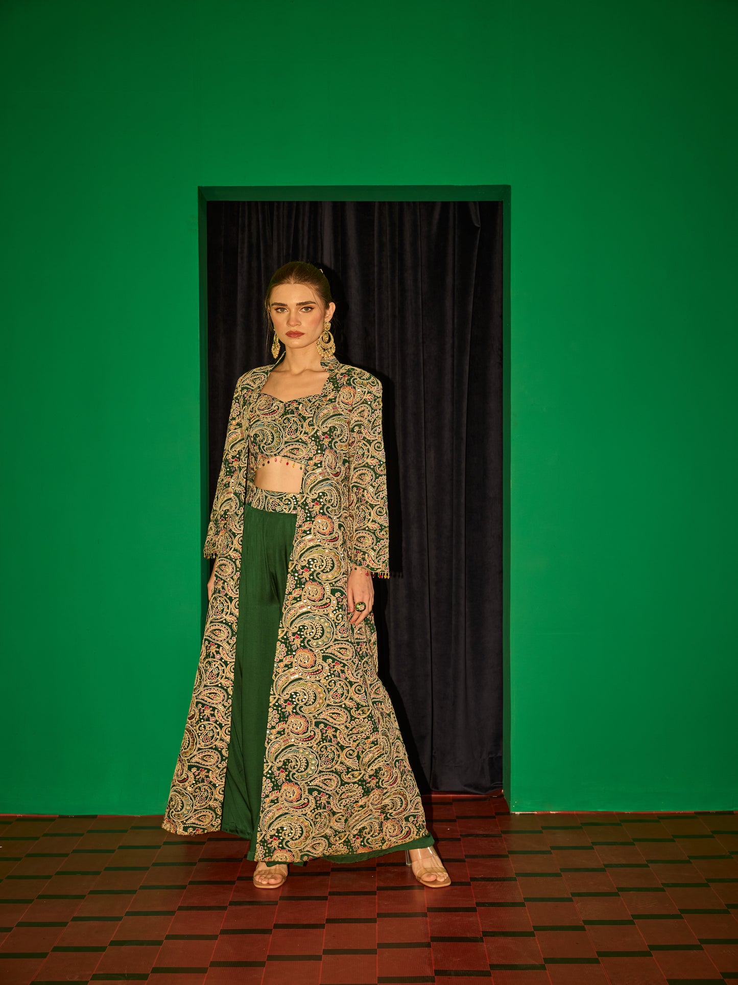 GREEN MULTI COLOR EMBROIDERED 3 PIECE SET