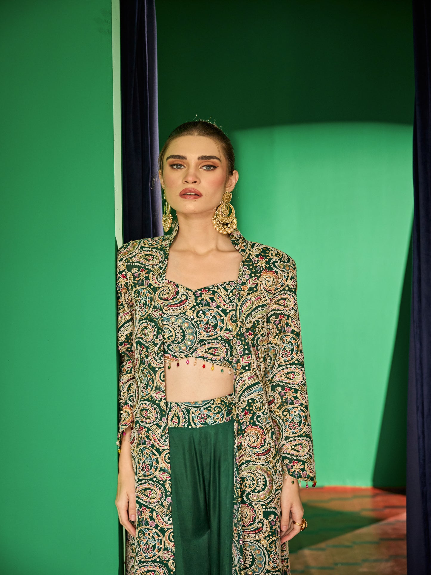 GREEN MULTI COLOR EMBROIDERED 3 PIECE SET