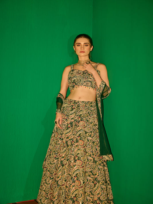 GREEN MULTI COLOR EMBROIDERED LEHENGA SET