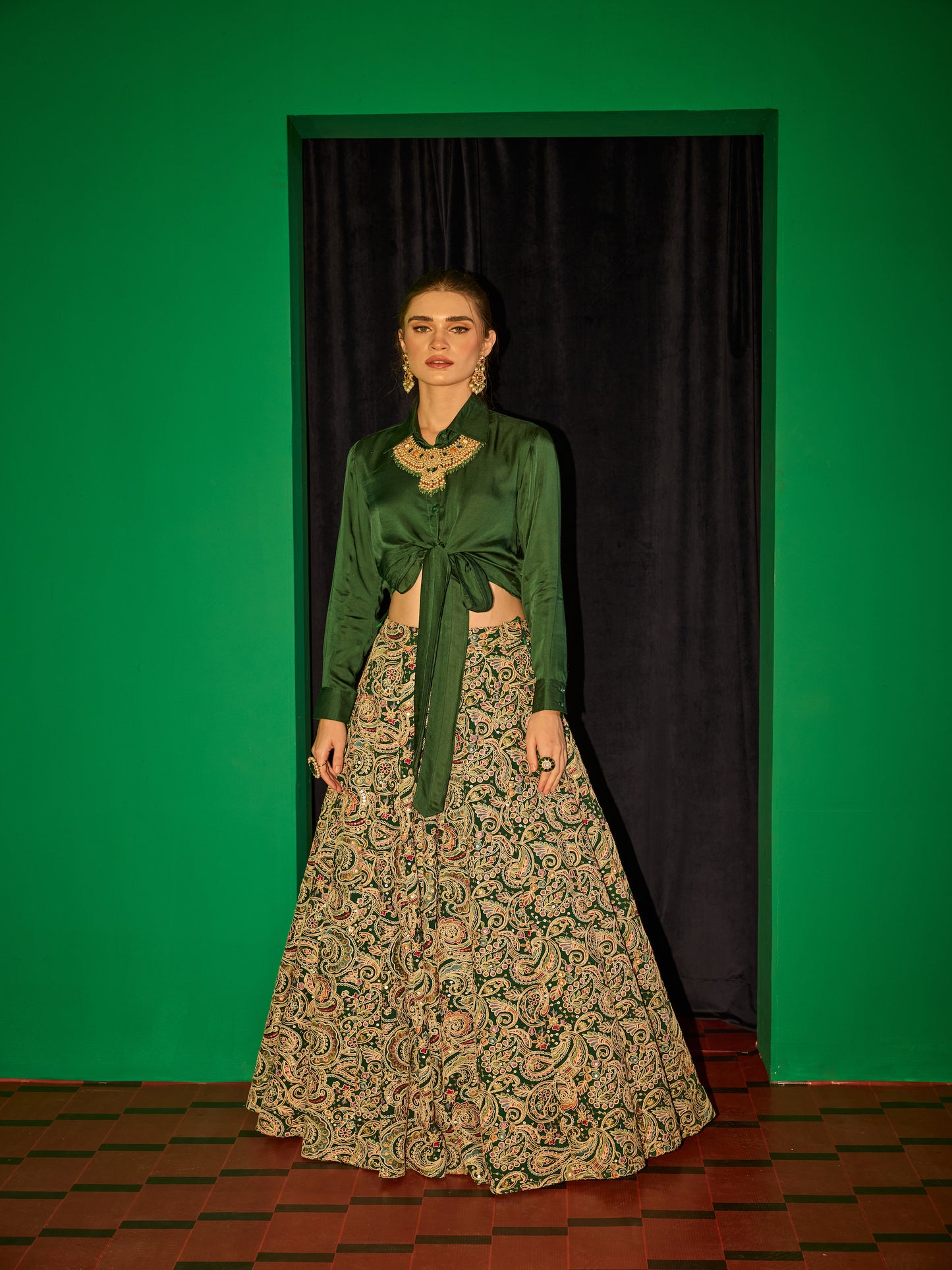 GREEN MULTI COLOR EMBROIDERED LEHENGA - SHIRT SET