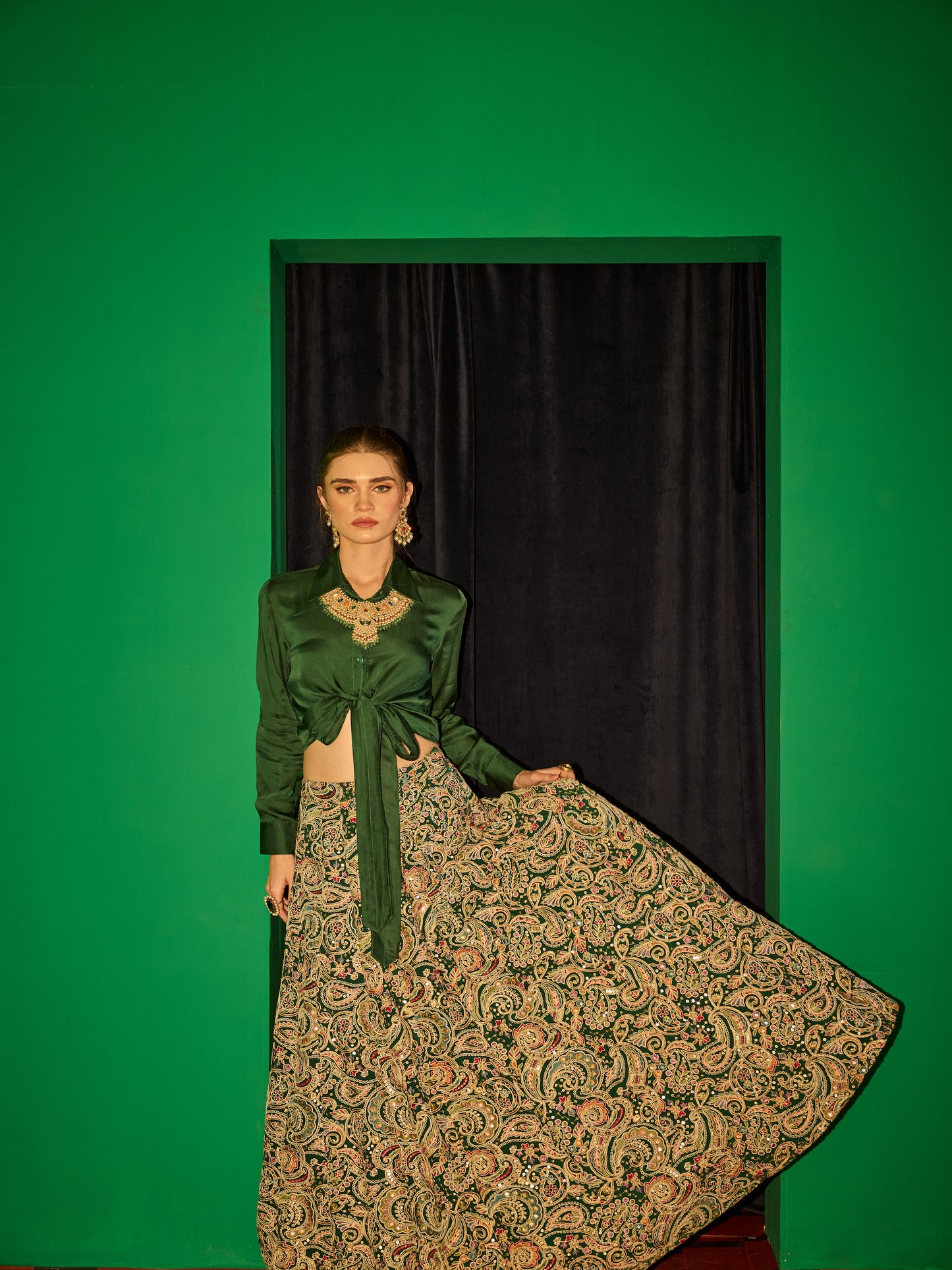 GREEN MULTI COLOR EMBROIDERED LEHENGA - SHIRT SET